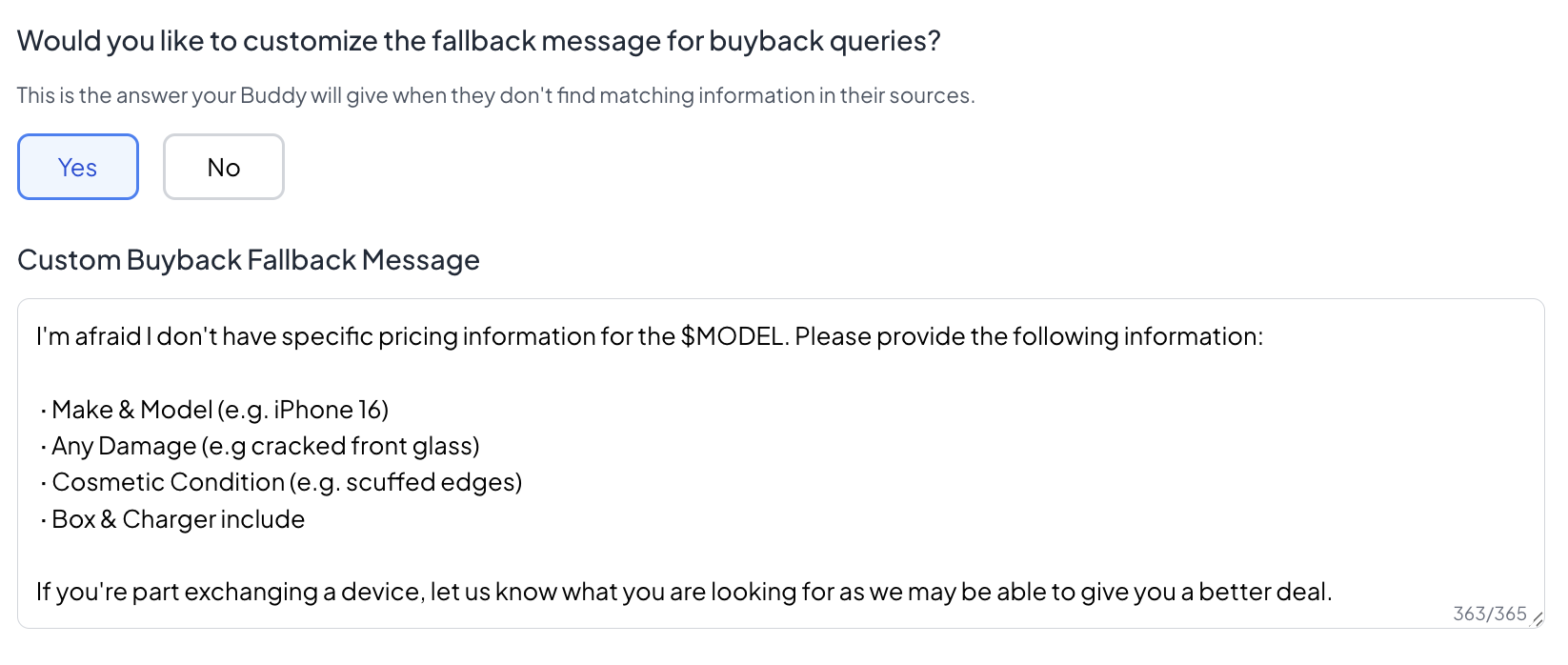 Custom Fallback Message Example